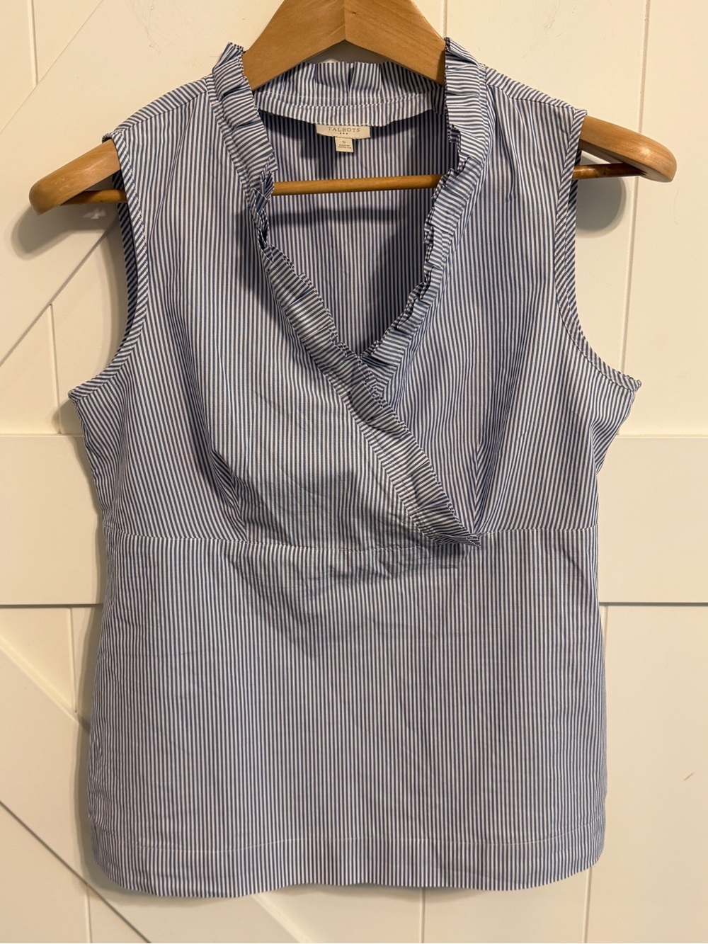 Talbots Women’s Small Blue and White Striped Sleeveless Wrap V-Neck Top